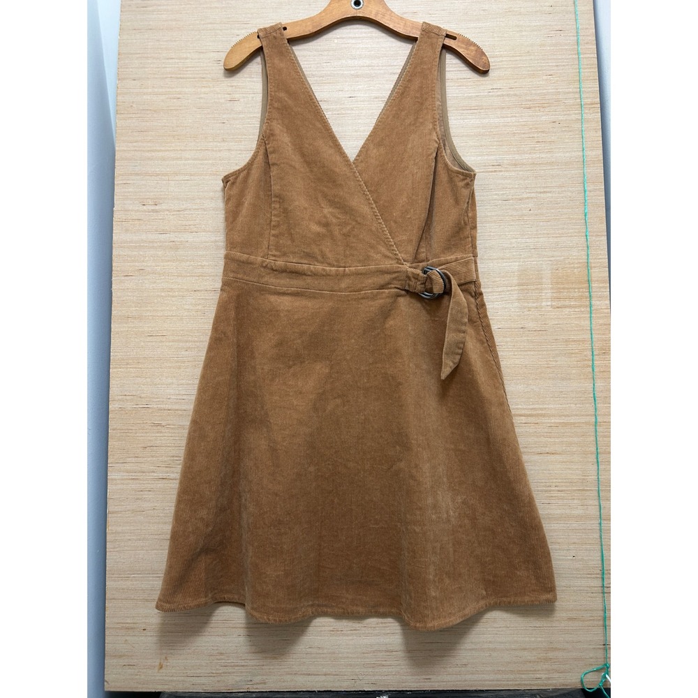 Copper Key Tan Brown Corduroy Wrap‎ Pinafore Dress V-Neck D-Ring Belt Large